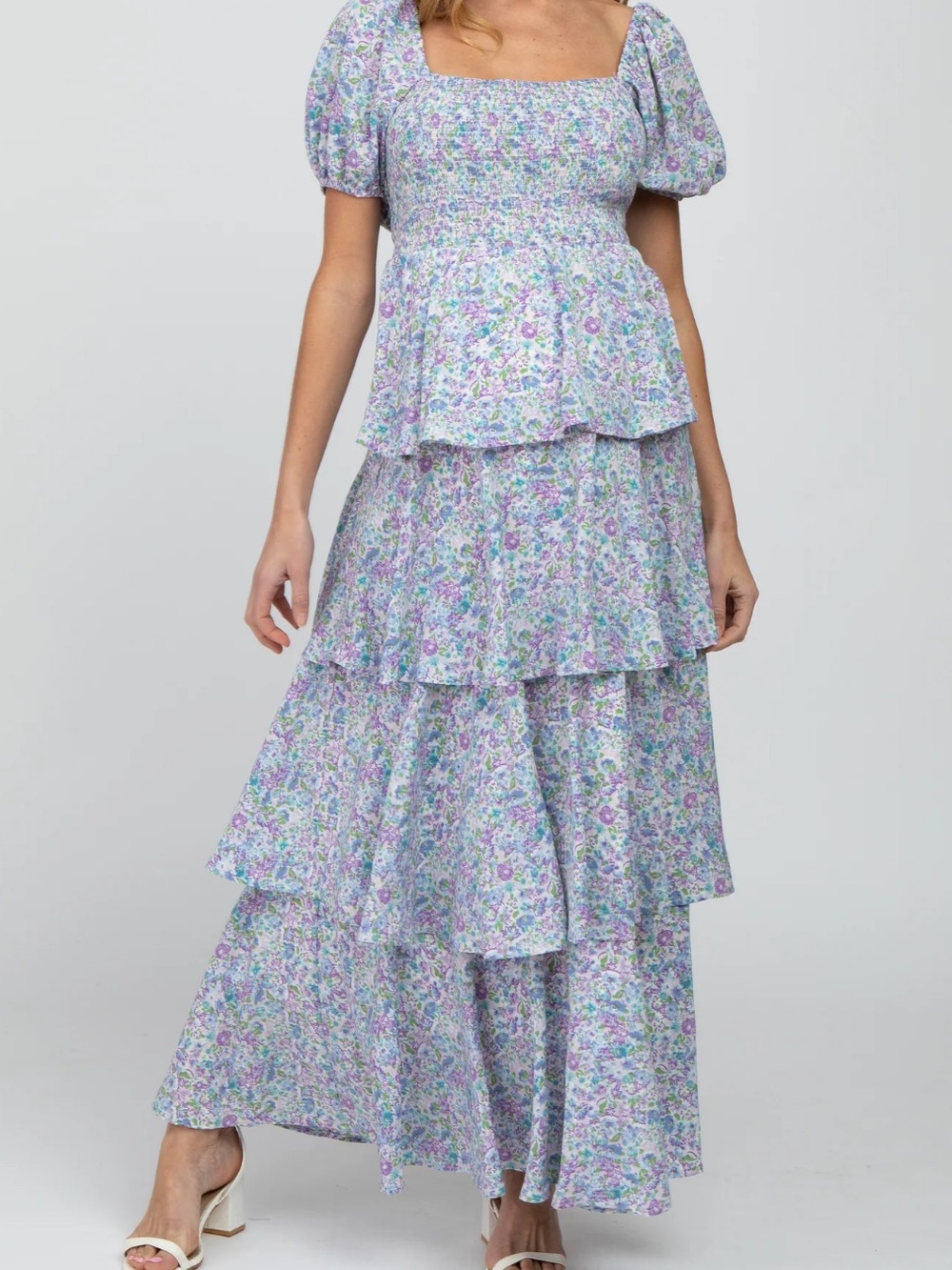Blue Floral Square Neck Ruffle Layered Maternity Maxi Dress